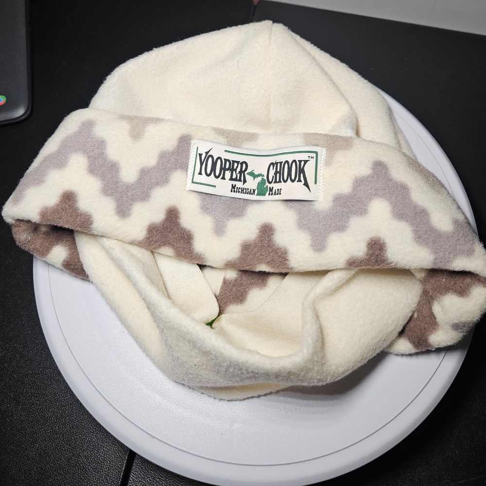Yooper Chook Michigan Made Fleece Beanie Hat Cream Brown Facemask Large USA Made